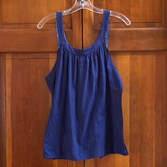 Free People Blue Tank Top Embroidered Green and Light BLue Flowers - Size Large - Picture 2 of 9